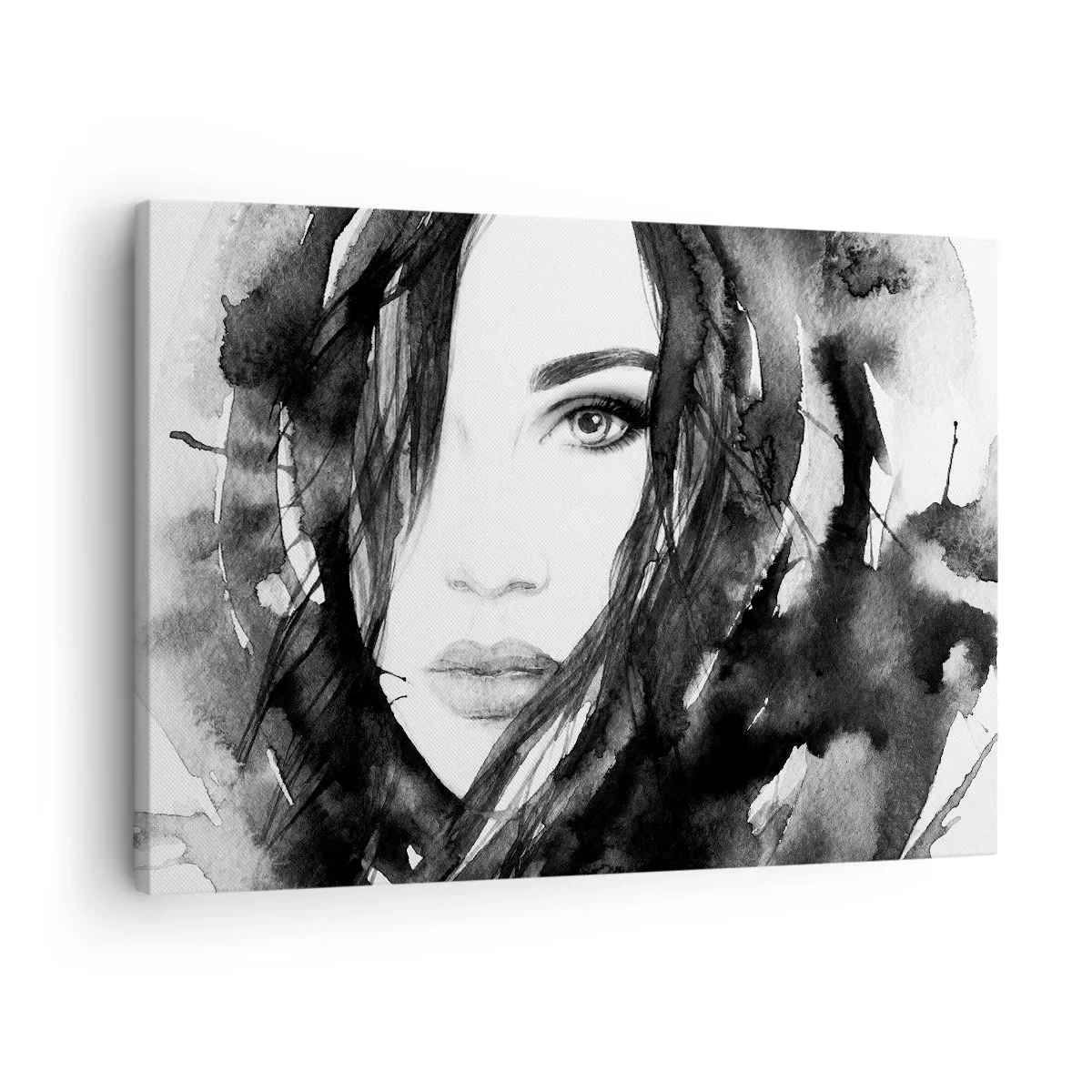 Obraz na plátně - Portrét ženy v černobílém akvarelu - 70x50cm - Portrét dámy v černé a bílé - Moderní nástěnná dekorace do obývacího pokoje a ložnice ARTTOR