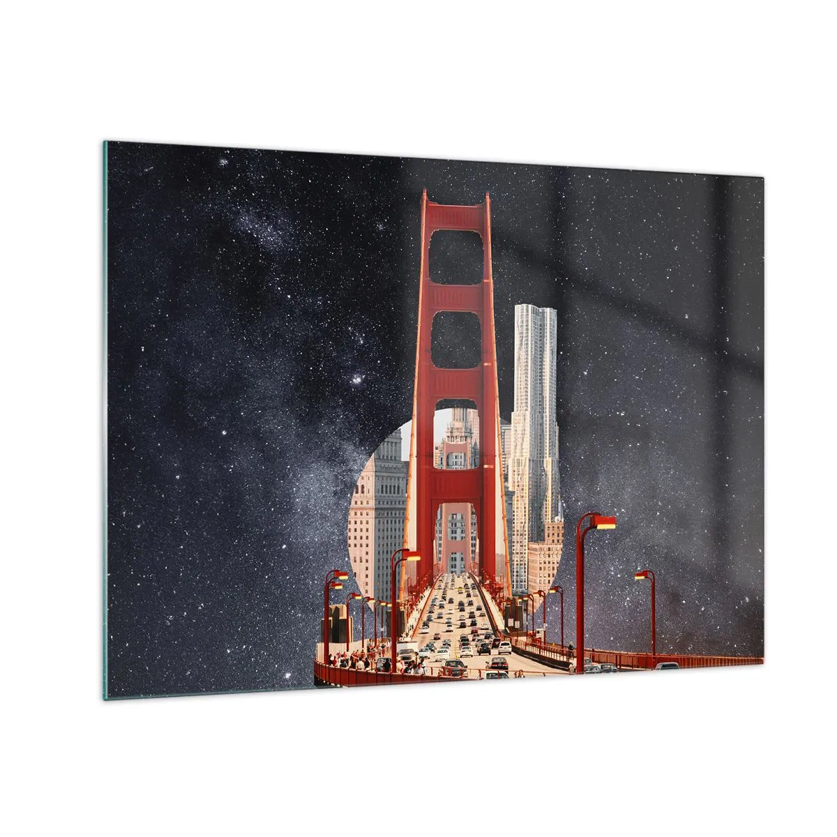 Obraz na skle - Most a mrakodrapy v surrealistickém galaxii pozadí - 70x50cm - Vždy uprostřed - Moderní nástěnná dekorace do obývacího pokoje a ložnice ARTTOR