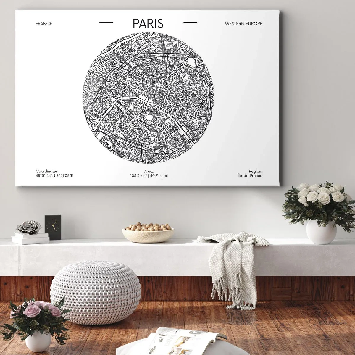 Obraz na plátně - Mapa Paříže v minimalistickém stylu - 70x50cm - Anatomie Paříže - Moderní nástěnná dekorace do obývacího pokoje a ložnice ARTTOR