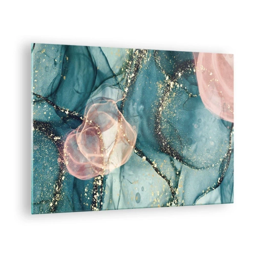 Obraz na skle - Abstraktní tvary v modré a růžové barvě se zlatými detaily - 70x50cm - Modré hedvábí modré, růžový tyl - Moderní nástěnná dekorace do obývacího pokoje a ložnice ARTTOR