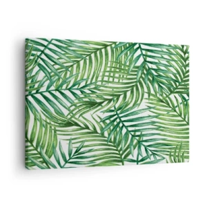 Obraz na plátně - Zelené tropické palmové listy na světlém pozadí - 70x50cm - Pod zeleným baldachýnem - Moderní nástěnná dekorace do obývacího pokoje a ložnice ARTTOR