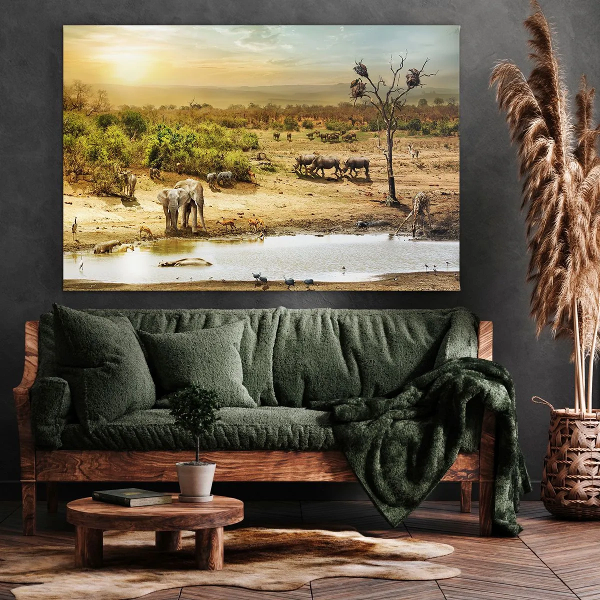 Obraz na plátně - Sloni a divoká zvířata u napajedla při západu slunce - 70x50cm - „Z ráje opět pramenila řeka…“ - Moderní nástěnná dekorace do obývacího pokoje a ložnice ARTTOR