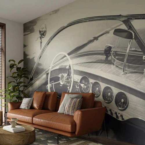 Fototapeta Standard Eco - Počasí pro bohaté - Vintage loď, Motorový člun, Černý a bílý - 350x256 cm