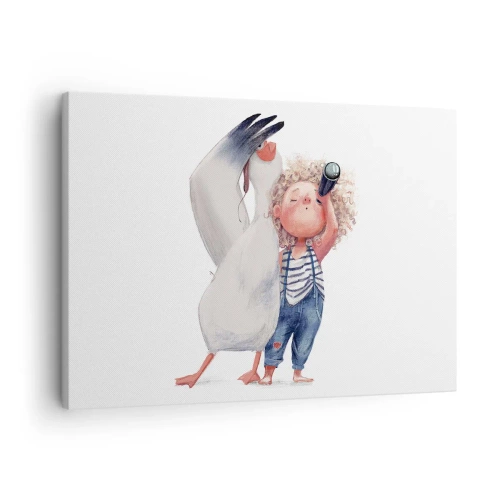 Obraz na plátně - Ilustrace dítěte s pelikánem a dalekohledem v ruce - 70x50cm - Plán na skvělou cestu - Moderní nástěnná dekorace do obývacího pokoje a ložnice ARTTOR