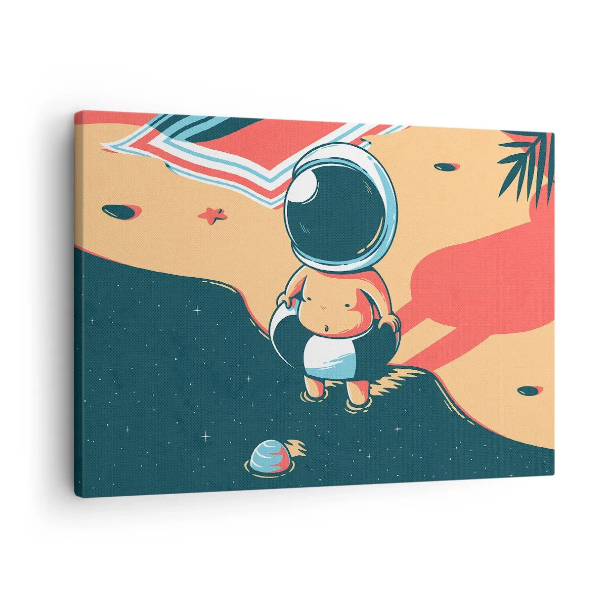 Obraz na plátně - Legrační astronaut na pláži s vesmírnými prvky v pozadí - 70x50cm - Z jiné perspektivy - Moderní nástěnná dekorace do obývacího pokoje a ložnice ARTTOR