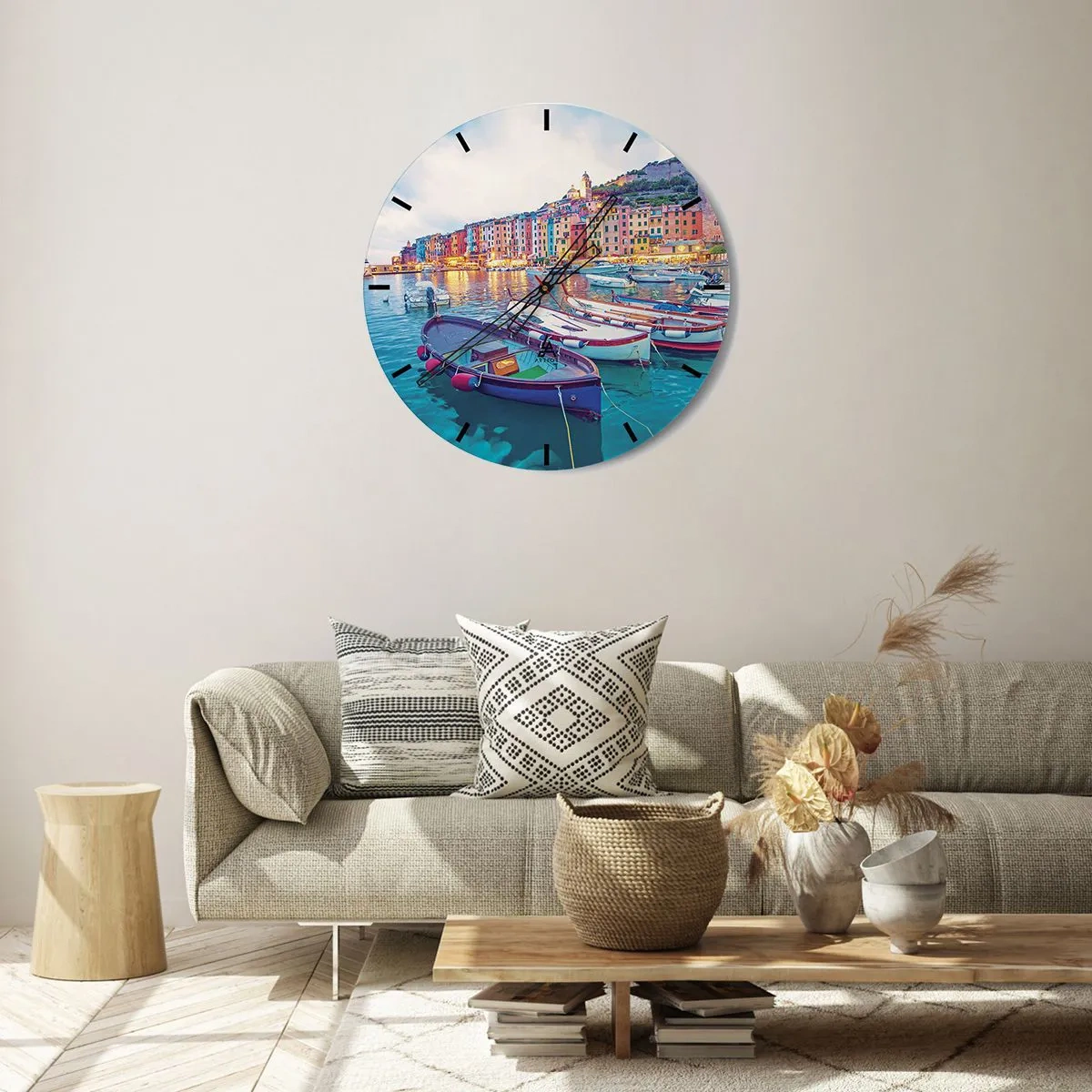 Nástěnné hodiny - Barevný večer v přístavu - 30x30 cm