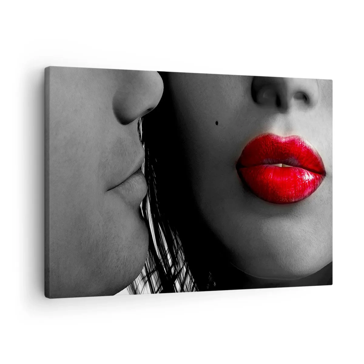Obraz na plátně - Detailní záběr na tváře ženy a muže s rudými rty. - 70x50cm - Tvář u tváře  - Moderní nástěnná dekorace do obývacího pokoje a ložnice ARTTOR