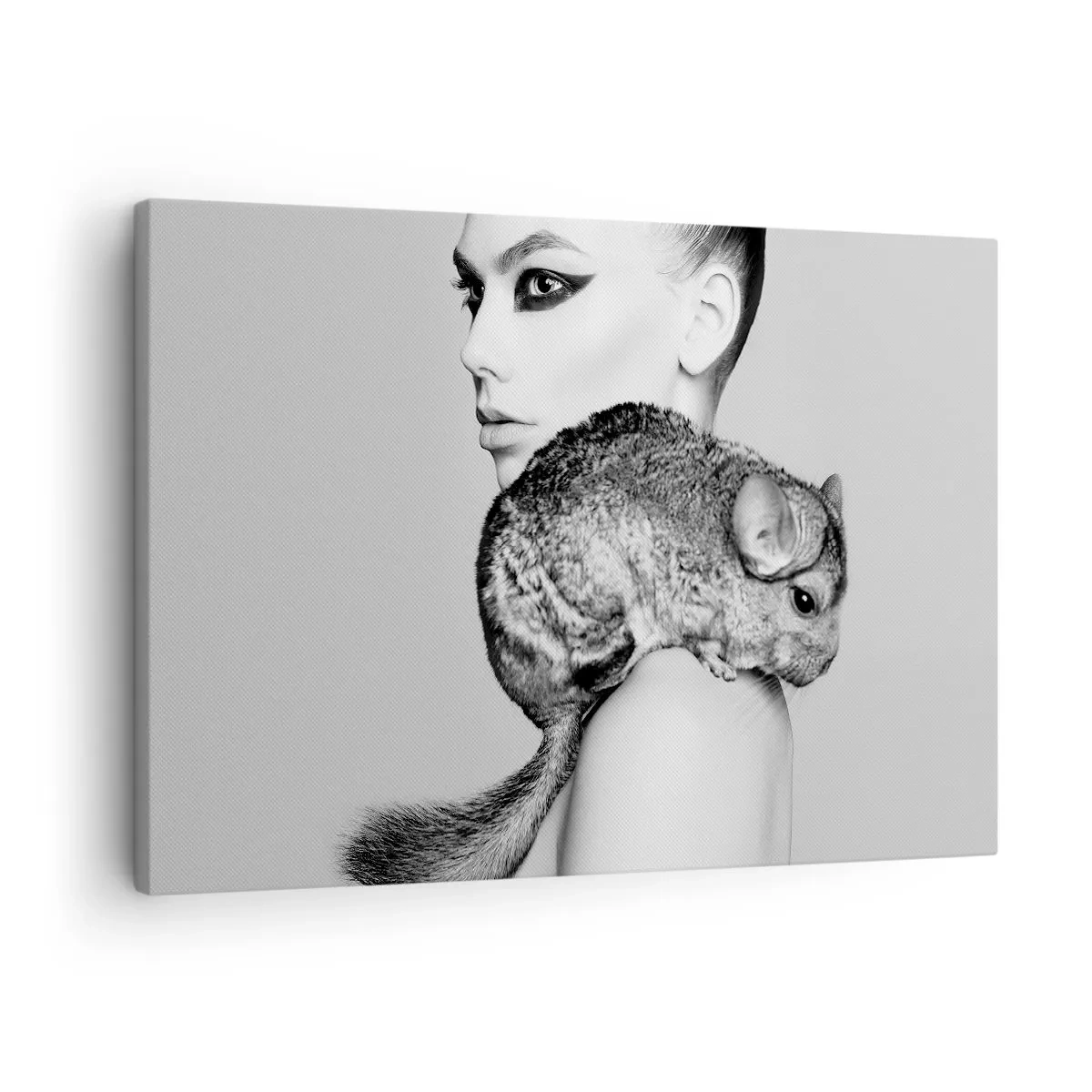 Obraz na plátně - Stylizovaná žena s činčilou v elegantní černobílé kompozici - 70x50cm - Dáma s činčilou - Moderní nástěnná dekorace do obývacího pokoje a ložnice ARTTOR