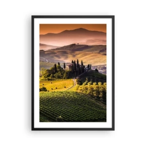 Plakát v černém rámu - Toskánská krajina s vinicemi při západu slunce - 50x70cm - Arkádie - toskánská krajina - Moderní nástěnná dekorace do obývacího pokoje a ložnice ARTTOR