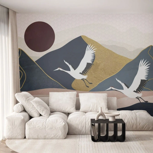 Fototapeta Premium Canvas - Opět uběhl další den - Abstrakce, Jeřáby, hory - 350x256 cm