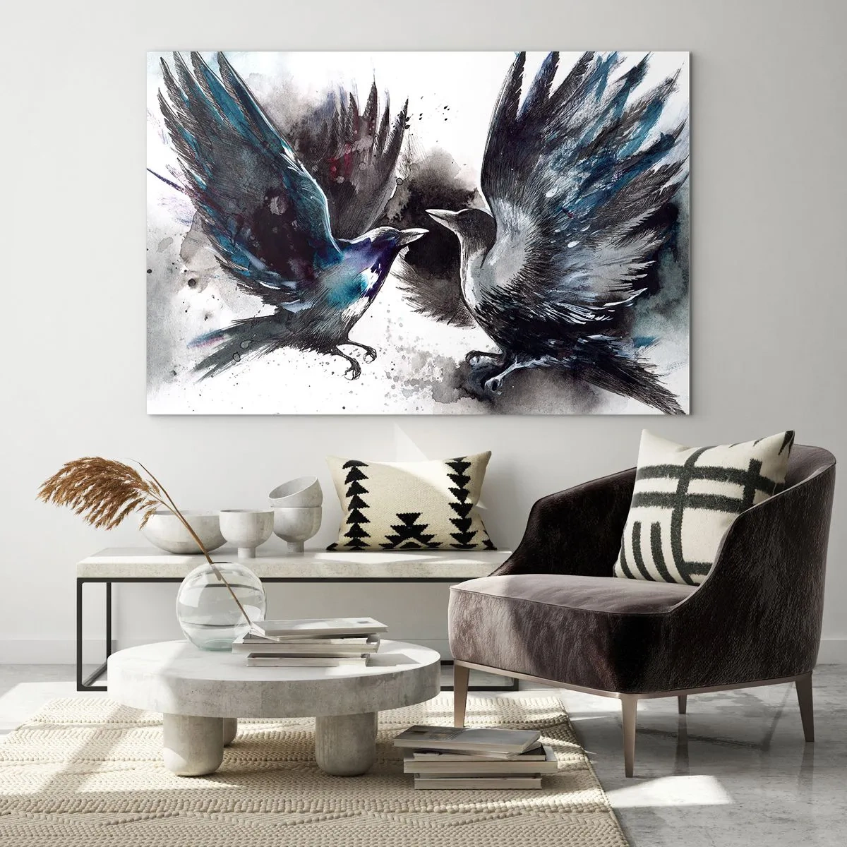 Obraz na skle - Dva havrani v dynamické póze s roztaženými křídly - 70x50cm - Havran havranovi… - Moderní nástěnná dekorace do obývacího pokoje a ložnice ARTTOR
