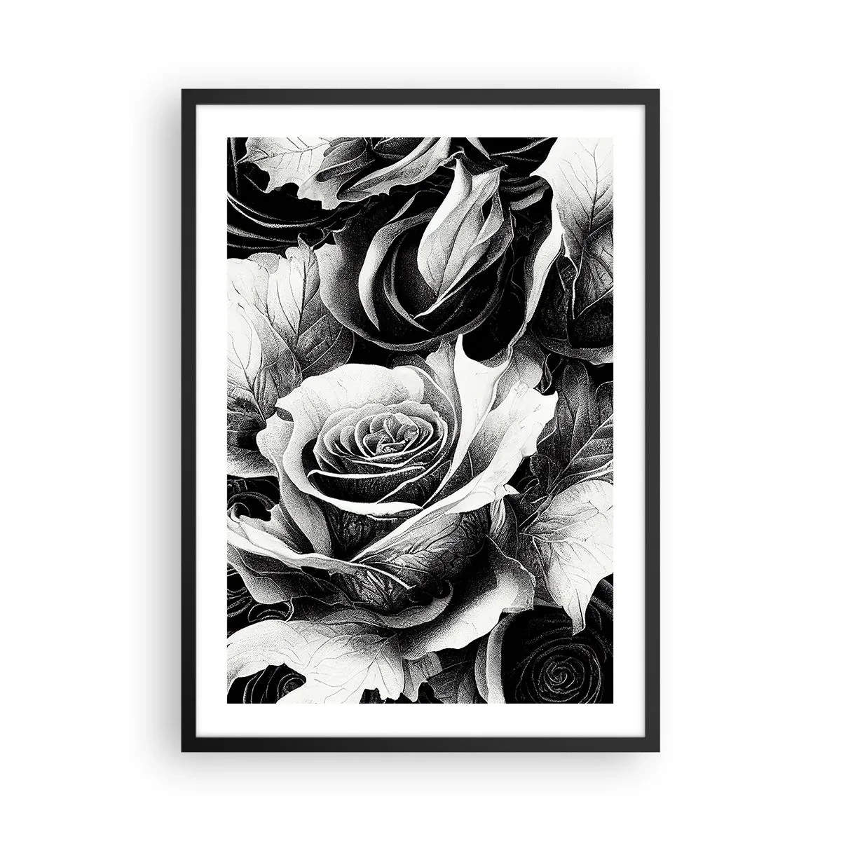 Plakát v černém rámu - Černobílá kompozice růží s výrazným šerosvitem - 50x70cm - Vždy královnou - Moderní nástěnná dekorace do obývacího pokoje a ložnice ARTTOR