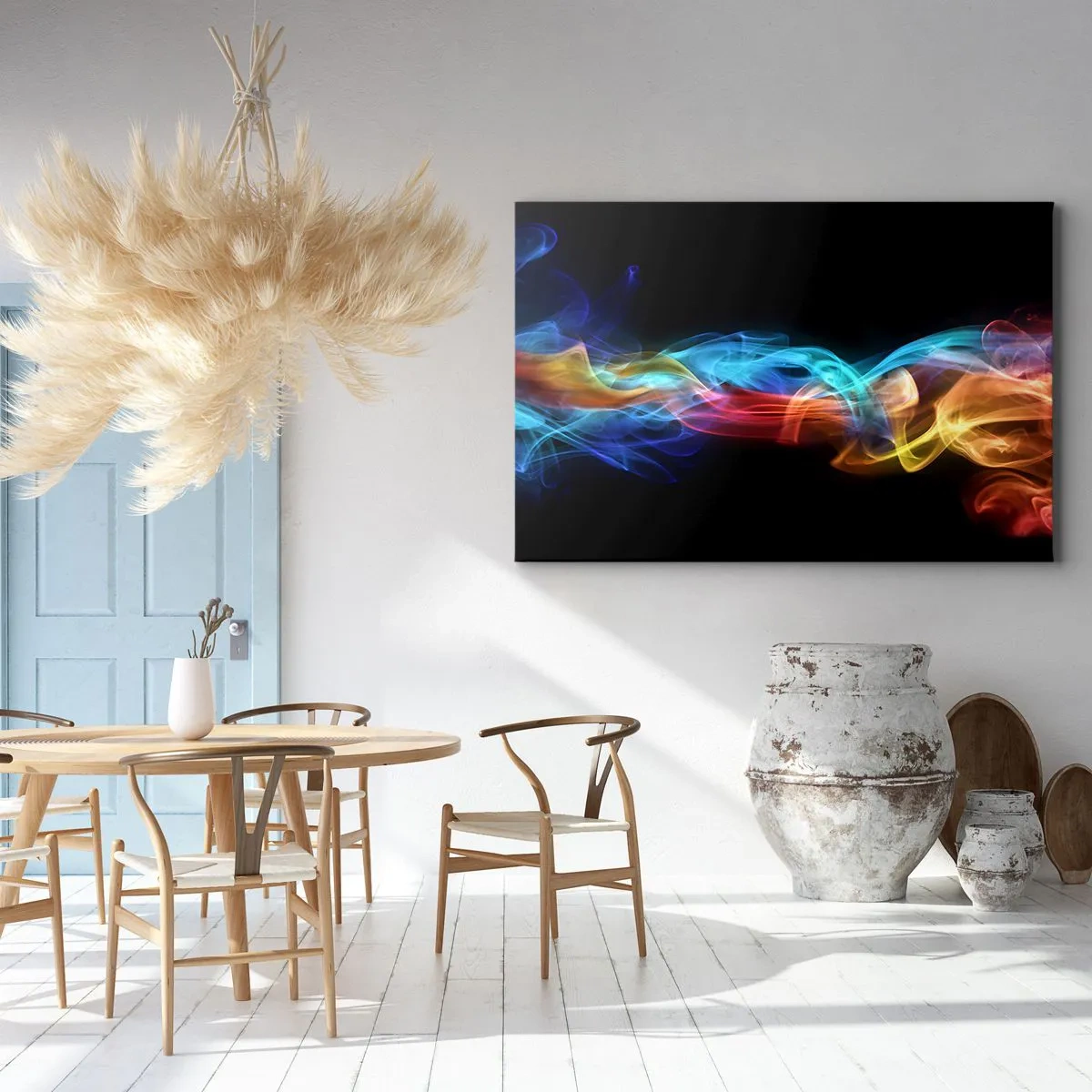 Obraz na plátně - Barevný kouř na černém pozadí - 70x50cm - Duhový tanec mlhy - Moderní nástěnná dekorace do obývacího pokoje a ložnice ARTTOR
