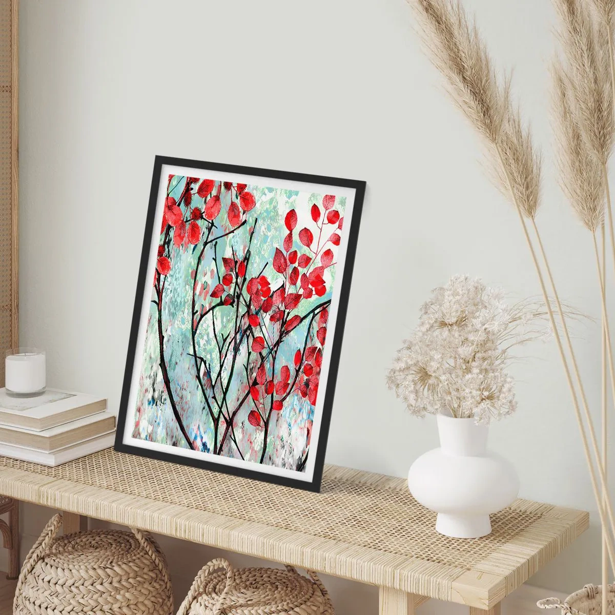 Plakát v černém rámu - Červené listy na abstraktní texturu pozadí - 50x70cm - Strom v šarlatové - Moderní nástěnná dekorace do obývacího pokoje a ložnice ARTTOR