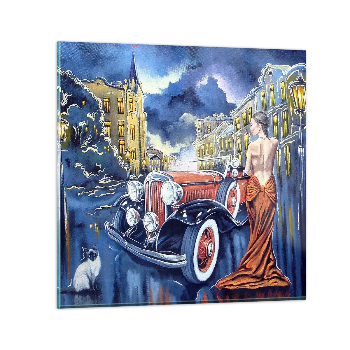 Obraz na skle - Nokturno v modré a korálové - 70x70 cm