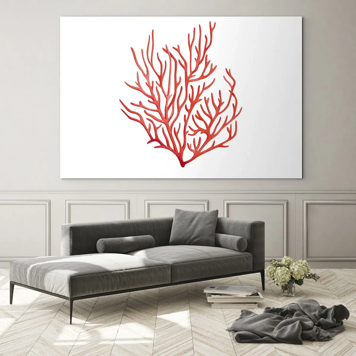 Obraz na skle - Červený korál s filigránskou strukturou na bílém pozadí - 70x50cm - Korálový filigrán - Moderní nástěnná dekorace do obývacího pokoje a ložnice ARTTOR