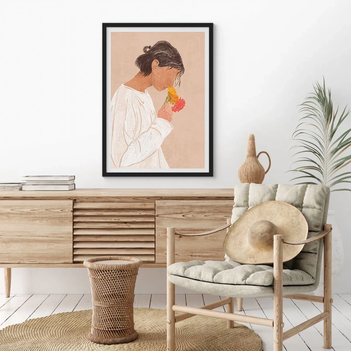 Plakát v černém rámu - Dívka a květiny - 30x40 cm