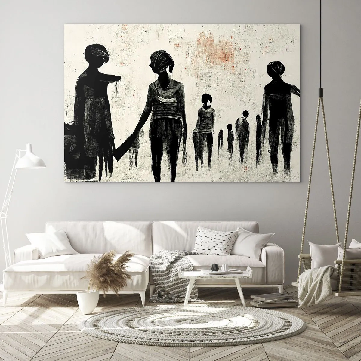 Obraz na skle - Černé postavy v pohybu na světlém pozadí s červenou texturou - 70x50cm - Proti samotě - Moderní nástěnná dekorace do obývacího pokoje a ložnice ARTTOR