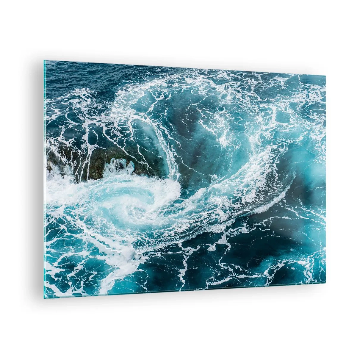 Obraz na skle - Oceánský vír obklopený bílými vlnami v modré vodě - 70x50cm - Brána do nitra Země - Moderní nástěnná dekorace do obývacího pokoje a ložnice ARTTOR