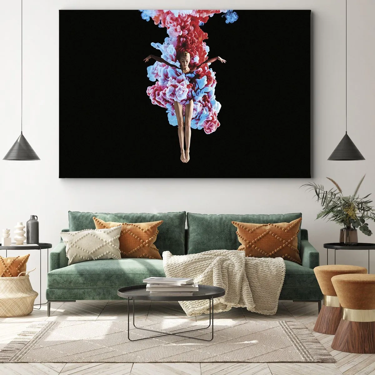 Obraz na plátně - Tanečnice obklopená barevným kouřem na černém pozadí - 70x50cm - V plném květu - Moderní nástěnná dekorace do obývacího pokoje a ložnice ARTTOR