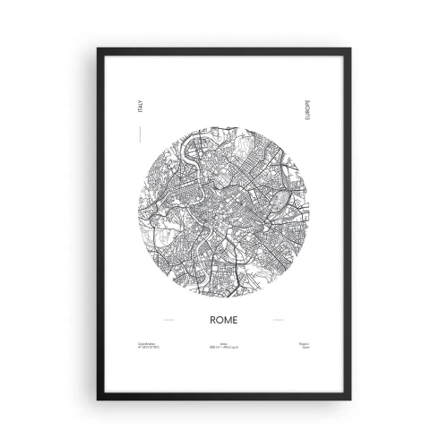 Plakát v černém rámu - Minimalistická mapa Říma v černé a bílé barvě. - 50x70cm - Anatomie Říma - Moderní nástěnná dekorace do obývacího pokoje a ložnice ARTTOR
