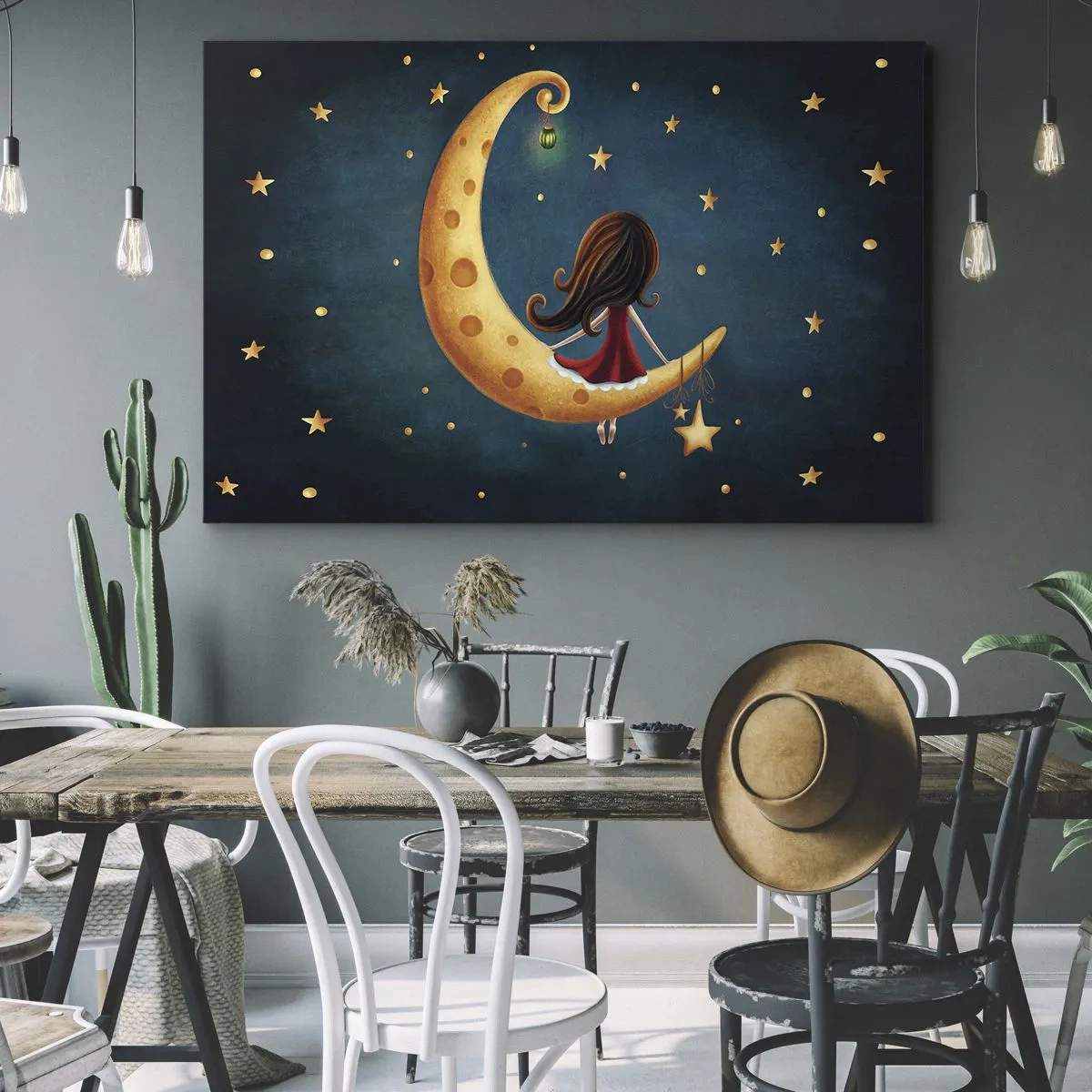 Obraz na plátně - Dívka na Měsíci obklopená hvězdami - 70x50cm - Kdysi dávno… - Moderní nástěnná dekorace do obývacího pokoje a ložnice ARTTOR