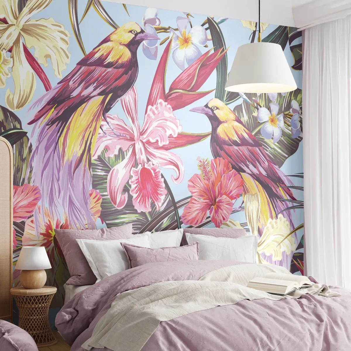 Fototapeta na míru Premium Canvas - Plátky a pírka - Pták, Květiny, Zahrada