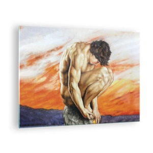 Obraz na skle - Nahé lidské tělo proti sytě oranžové obloze. - 70x50cm - Ponořen do sebe - Moderní nástěnná dekorace do obývacího pokoje a ložnice ARTTOR
