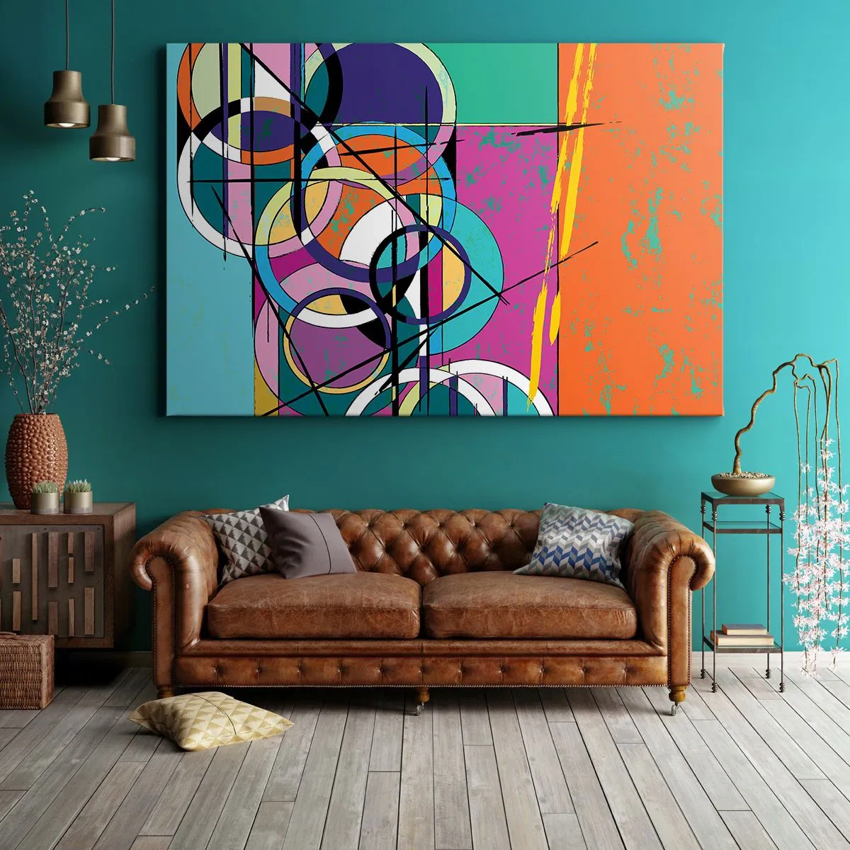 Obraz na plátně - Barevná abstrakce s geometrickými kruhy - 70x50cm - Kruh za kruhem - Moderní nástěnná dekorace do obývacího pokoje a ložnice ARTTOR