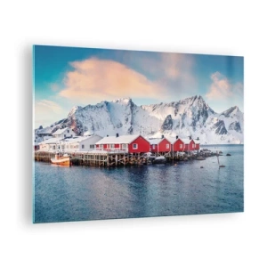 Obraz na skle - Červené rybářské chatky na fjordu s horami v pozadí - 70x50cm - Severní útočiště - Moderní nástěnná dekorace do obývacího pokoje a ložnice ARTTOR