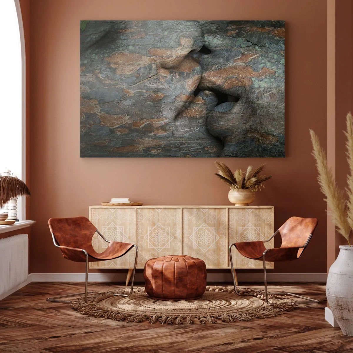 Obraz na plátně - Umělecký motiv obličeje vytesaného do skály s efektem přirozené textury. - 70x50cm - Navždy spolu - Moderní nástěnná dekorace do obývacího pokoje a ložnice ARTTOR