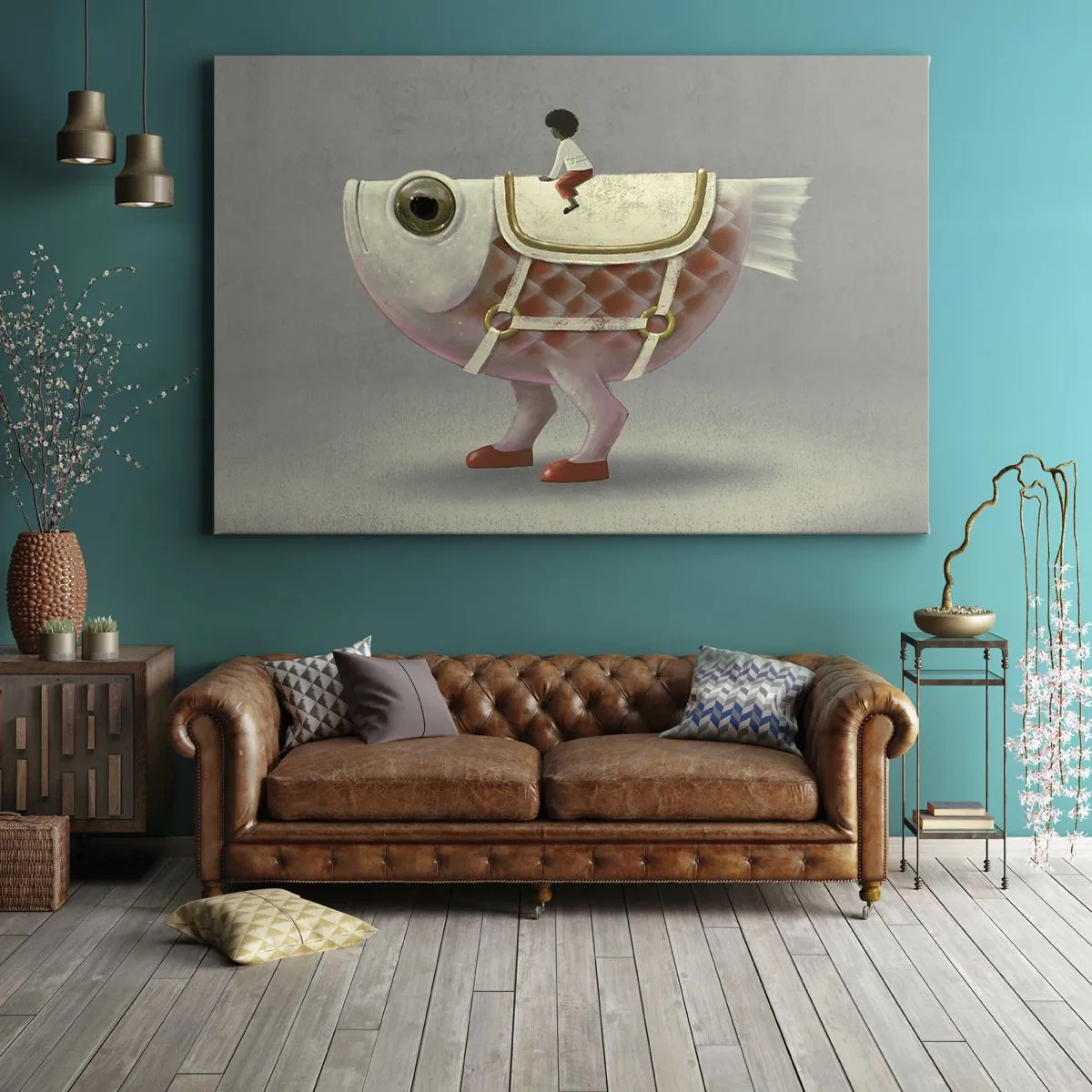 Obraz na plátně - Luxusní jezdec na rybách s nohama a sedlem - 70x50cm - Rybí jezdec - Moderní nástěnná dekorace do obývacího pokoje a ložnice ARTTOR