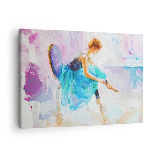Obraz na plátně - Baletka se chystá k tanci v pastelových odstínech. - 70x50cm - Nevyslovený vděk, jemné kouzlo - Moderní nástěnná dekorace do obývacího pokoje a ložnice ARTTOR