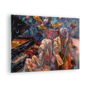 Obraz na skle - Barevné jazzové pódium s hudebníky a nástroji - 70x50cm - V jednom rytmu - Moderní nástěnná dekorace do obývacího pokoje a ložnice ARTTOR