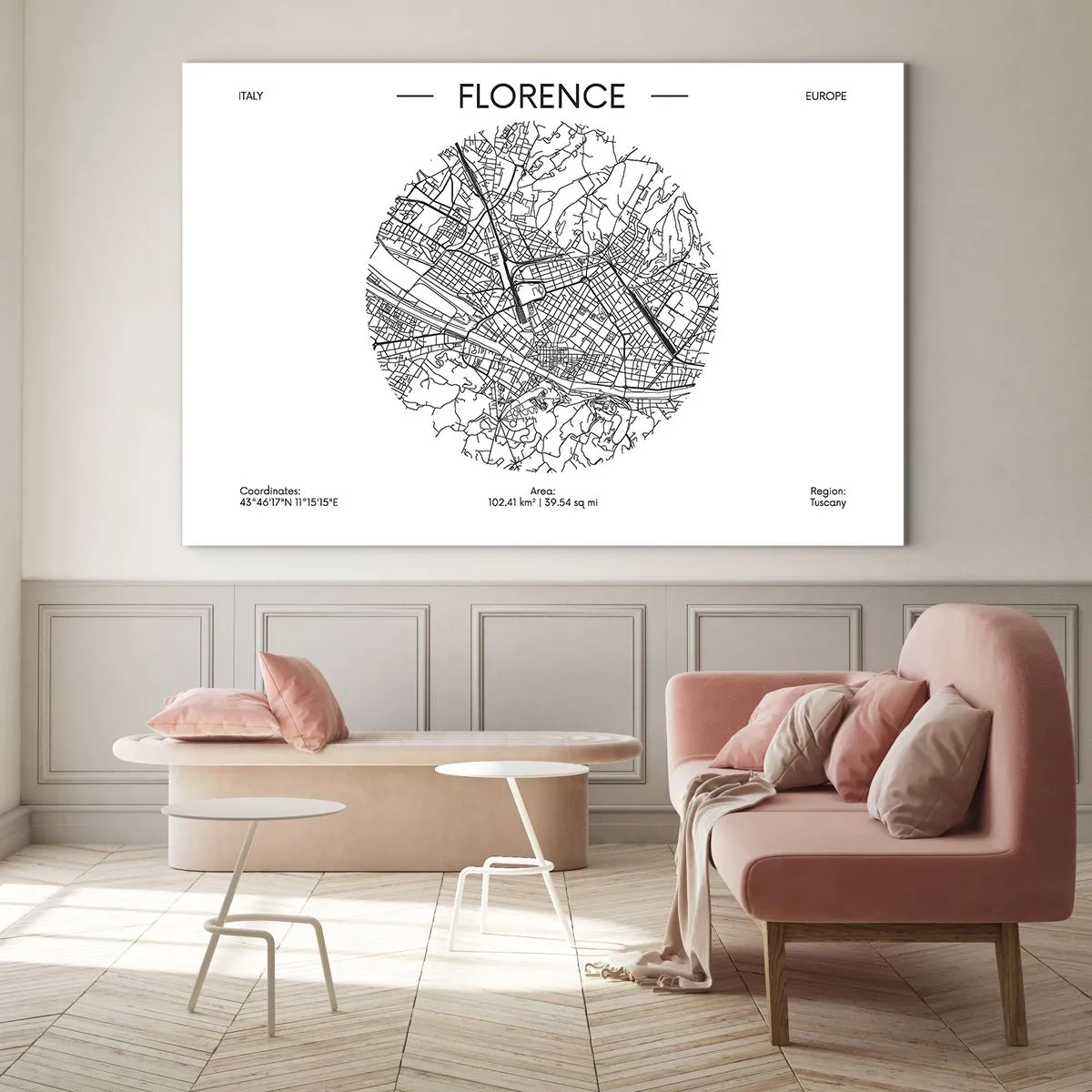Obraz na skle - Florencie v podobě stylizované mapy se sítí ulic - 70x50cm - Anatomie Florencie - Moderní nástěnná dekorace do obývacího pokoje a ložnice ARTTOR