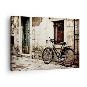 Obraz na plátně - Kolo u kamenné zdi s oknem a dveřmi v retro stylu - 70x50cm - Návrat do minulosti - Moderní nástěnná dekorace do obývacího pokoje a ložnice ARTTOR