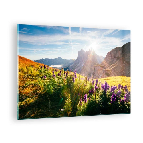 Obraz na skle - Horská louka plná květin na pozadí skalnatých vrcholků při východu slunce - 70x50cm - Tajemný život bylin - Moderní nástěnná dekorace do obývacího pokoje a ložnice ARTTOR