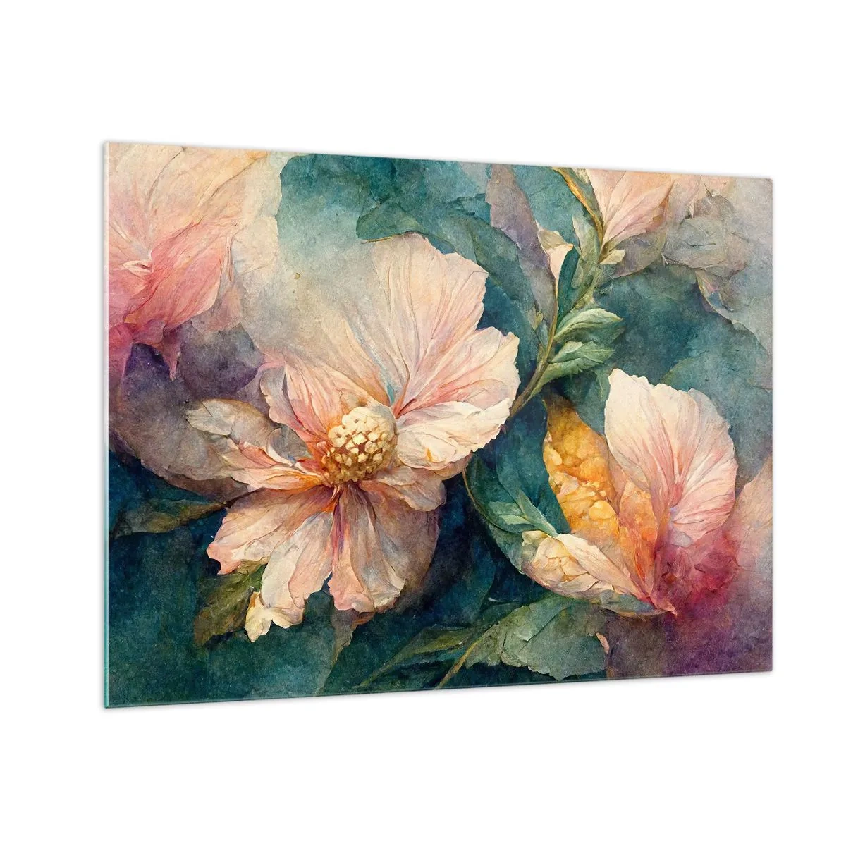 Obraz na skle - Jemné květiny v pastelových akvarelových tónech - 70x50cm - Čirá subtilnost - Moderní nástěnná dekorace do obývacího pokoje a ložnice ARTTOR
