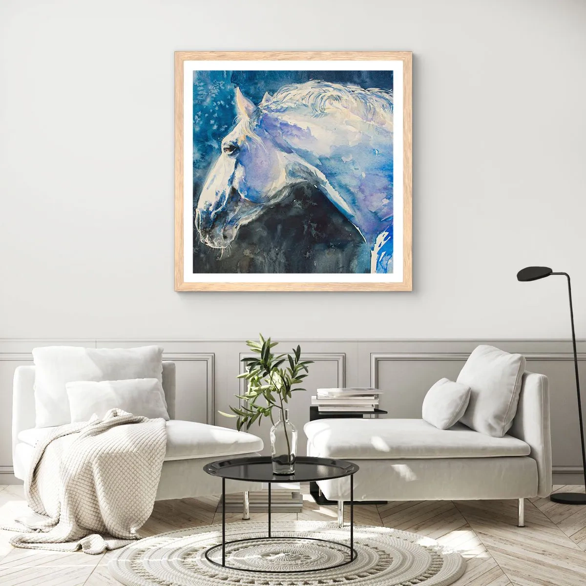 Plakát v rámu světlý dub - Portrét v modré záři - 40x40 cm