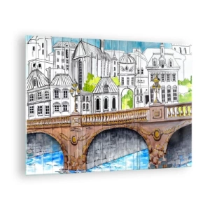 Obraz na skle - Most a městská architektura v podobě akvarelové skici - 70x50cm - Město jako malované - Moderní nástěnná dekorace do obývacího pokoje a ložnice ARTTOR
