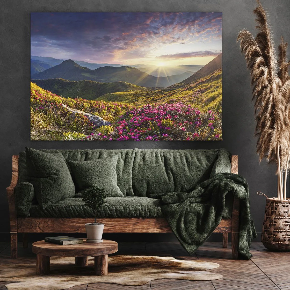 Obraz na plátně - Horská krajina s kvetoucími rododendrony - 70x50cm - Svěžest horského rána - Moderní nástěnná dekorace do obývacího pokoje a ložnice ARTTOR