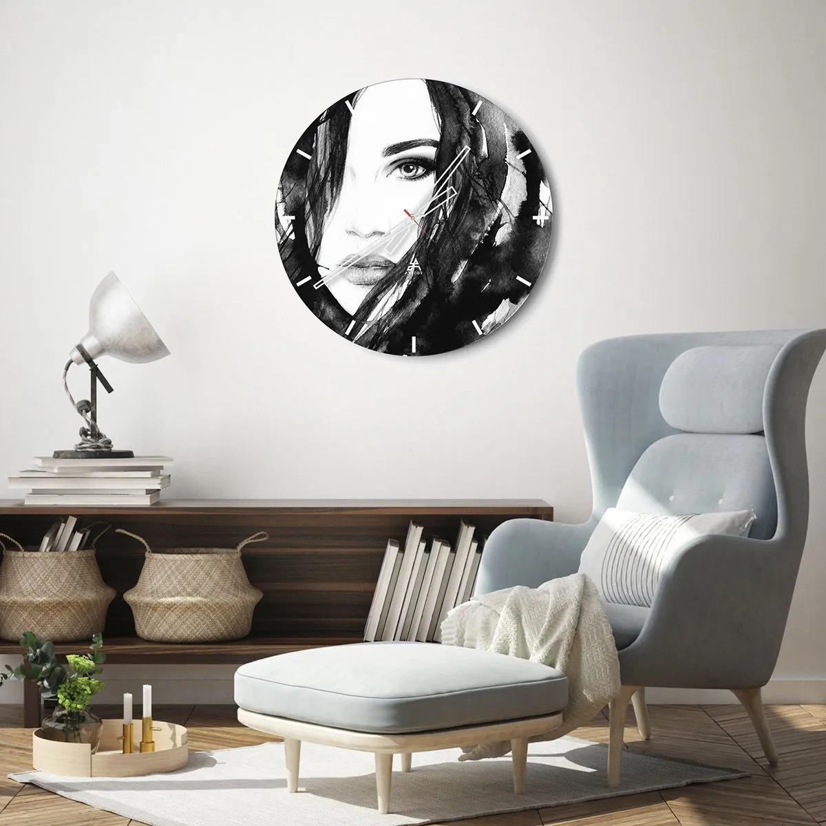 Nástěnné hodiny - Portrét ženy v černé a bílé s akvarelovým stylem - 30x30cm - Portrét dámy v černé a bílé - Moderní nástěnná dekorace do obývacího pokoje, kuchyně a ložnice ARTTOR