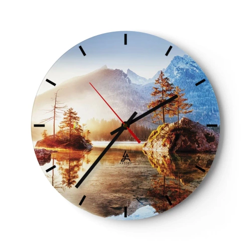 Nástěnné hodiny - Horské jezero s ostrovy a stromy v paprscích slunce - 30x30cm - Příroda v novém světle - Moderní nástěnná dekorace do obývacího pokoje, kuchyně a ložnice ARTTOR