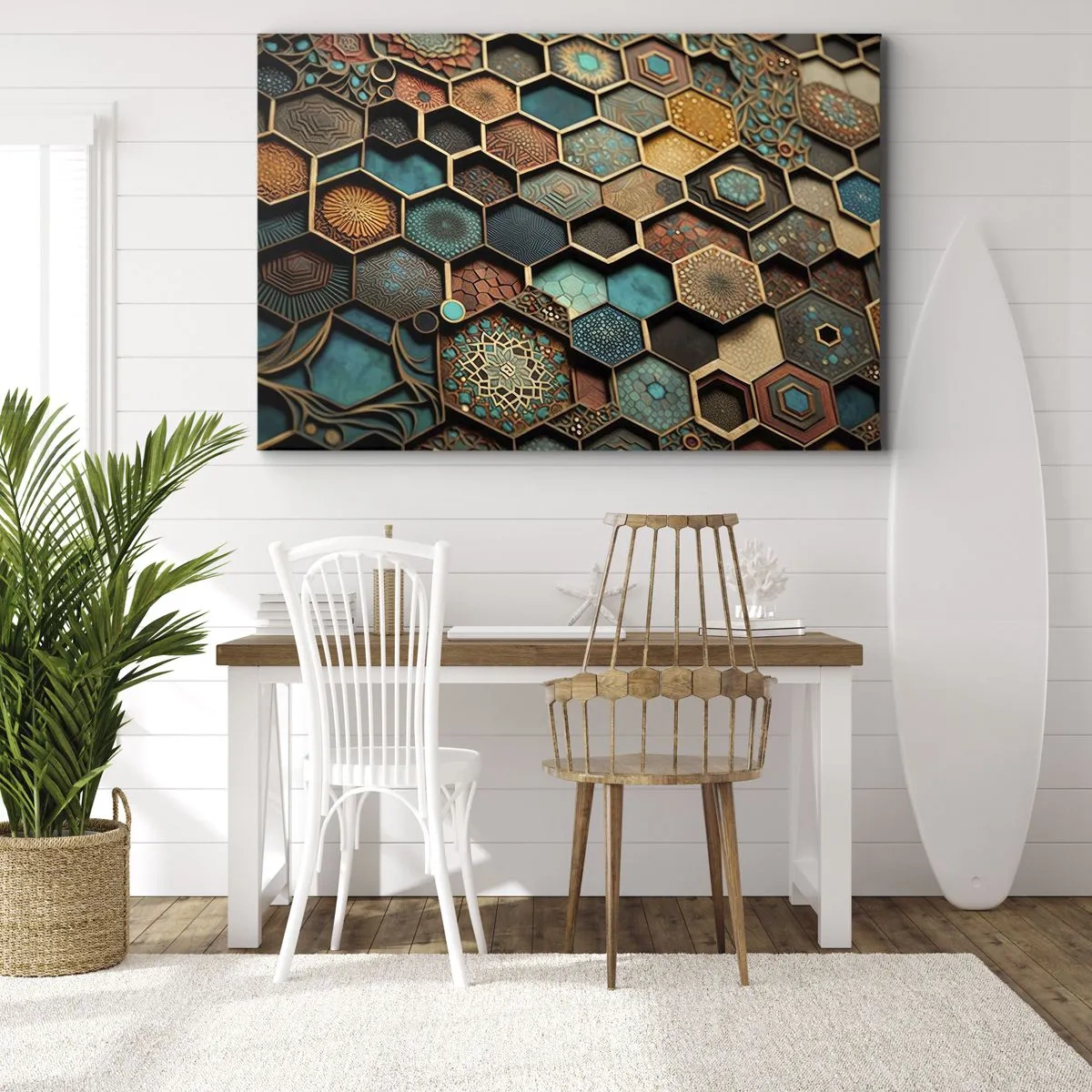 Obraz na plátně - Barevné ornamenty v šestiúhelníkových vzorech - 70x50cm - Arabské ornamenty – variace - Moderní nástěnná dekorace do obývacího pokoje a ložnice ARTTOR