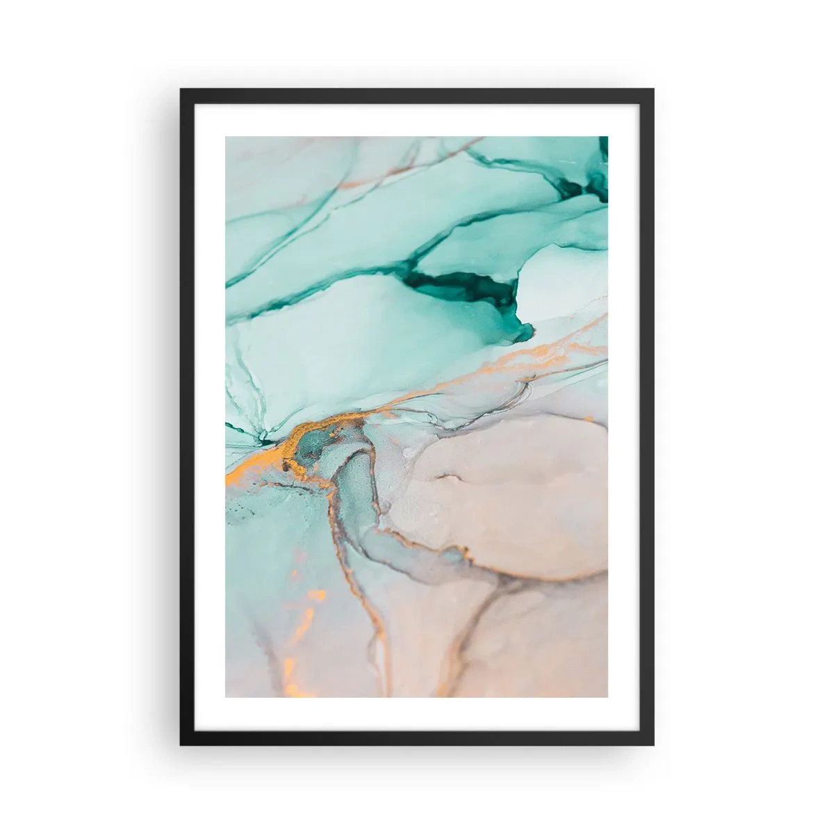 Plakát v černém rámu - Abstraktní kompozice v odstínech tyrkysové a zlaté. - 50x70cm - Tanec tvarů a barev - Moderní nástěnná dekorace do obývacího pokoje a ložnice ARTTOR