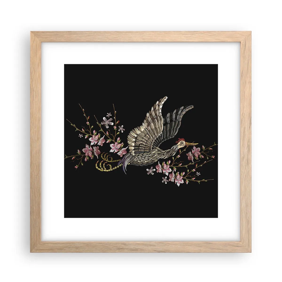 Plakát v rámu světlý dub - Exotický vyšívaný pták - 30x30 cm