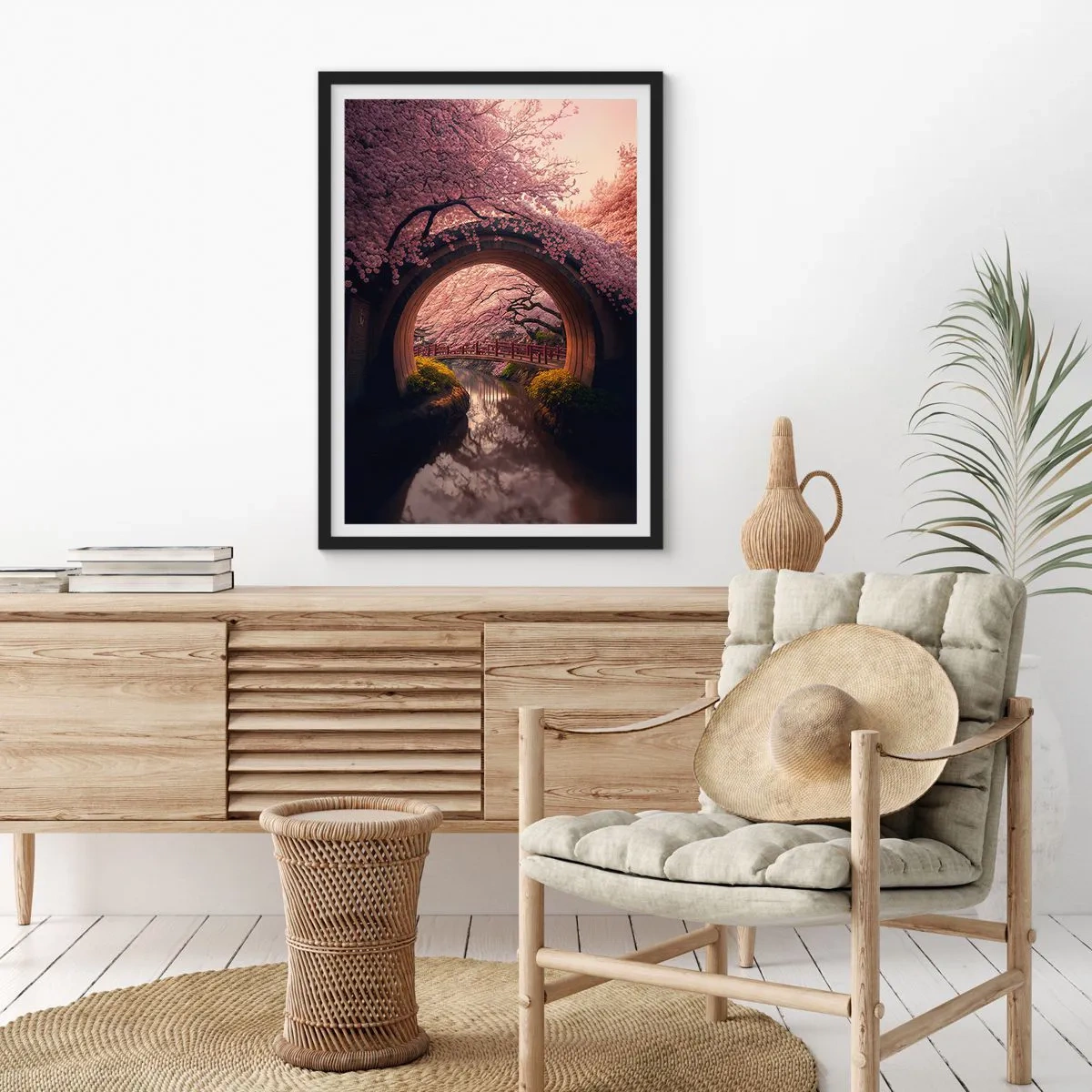 Plakát v černém rámu - Romantický most mezi květy třešní - 50x70cm - Japonské jaro - Moderní nástěnná dekorace do obývacího pokoje a ložnice ARTTOR