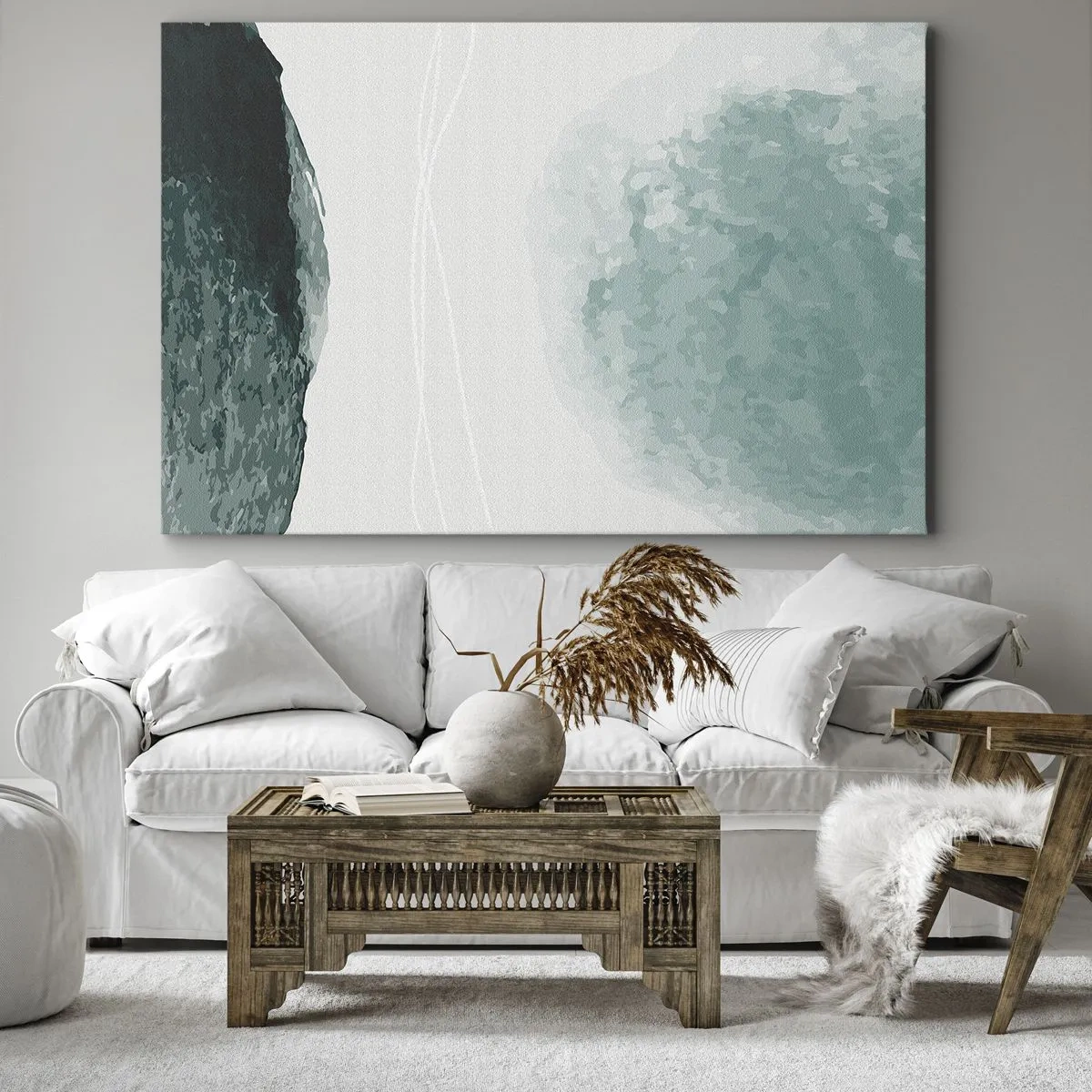 Obraz na plátně - Jemná abstraktní kompozice v odstínech zelené s jemnými formami na světlém pozadí. - 70x50cm - Setkání s mlhou - Moderní nástěnná dekorace do obývacího pokoje a ložnice ARTTOR