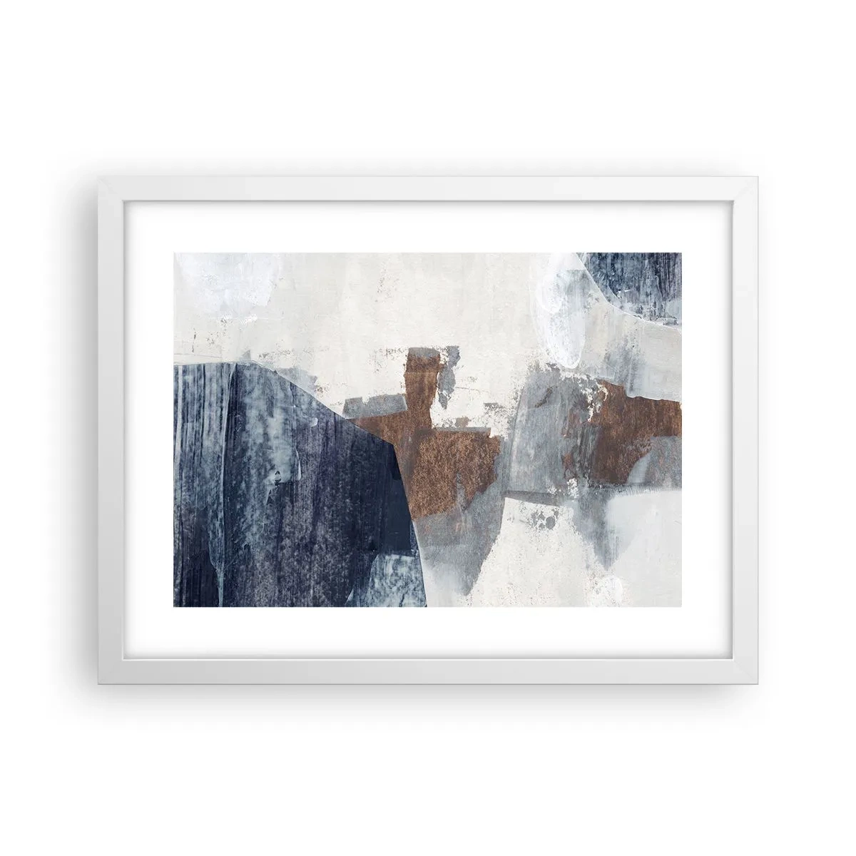 Plakát v bílém rámu - Modro-hnědé tvary - 40x30 cm