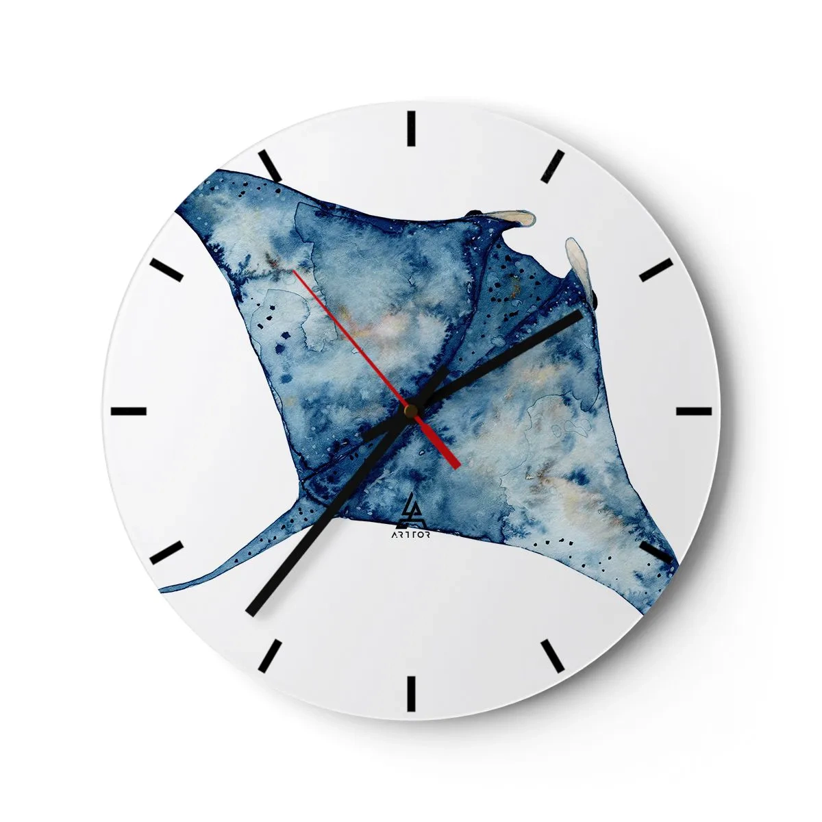 Nástěnné hodiny - Tmavě modrá manta v akvarelovém stylu na bílém pozadí - 30x30cm - Život v modři - Moderní nástěnná dekorace do obývacího pokoje, kuchyně a ložnice ARTTOR